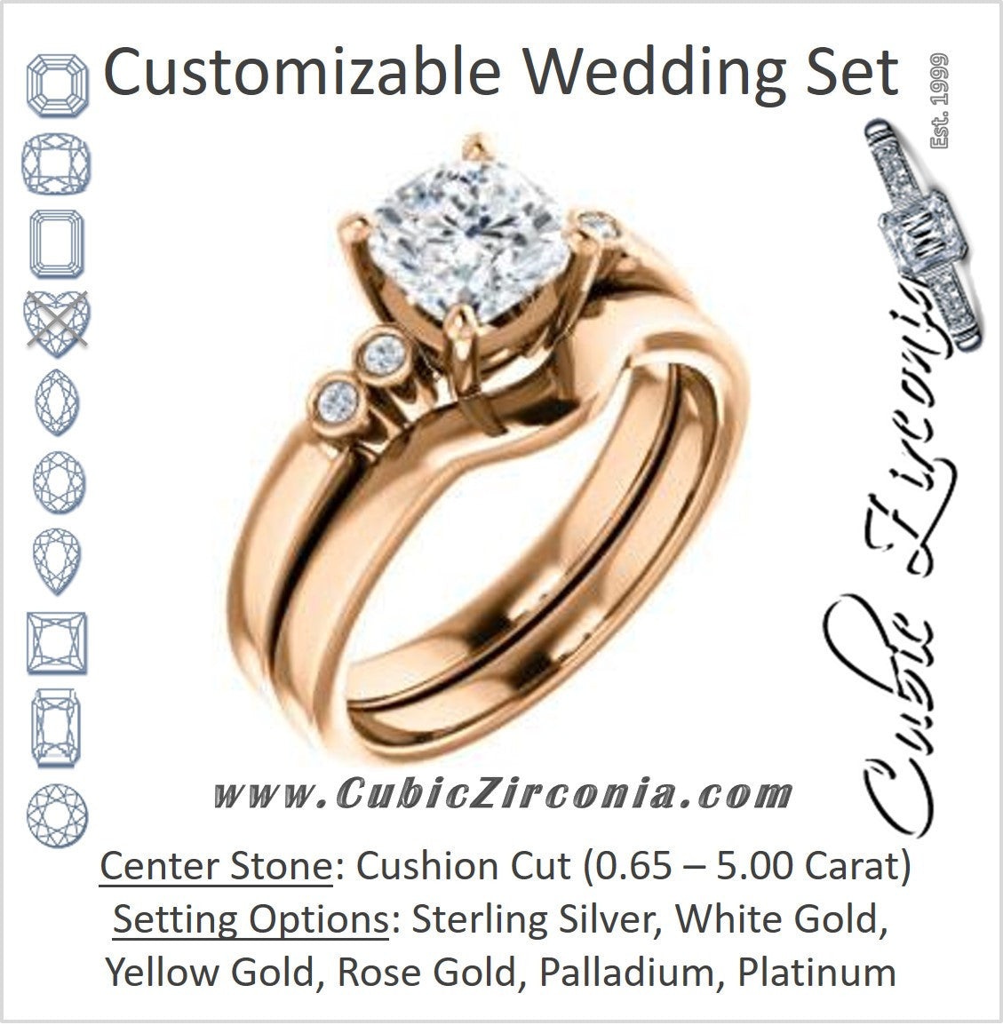 CZ Wedding Set, featuring The Luzella engagement ring (Customizable 5-stone Design with Cushion Cut Center and Round Bezel Accents)
