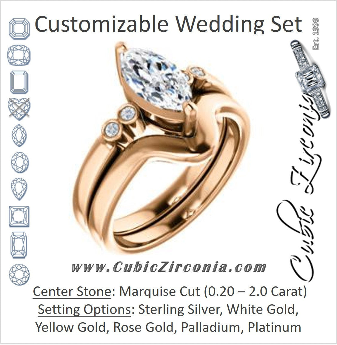 CZ Wedding Set, featuring The Luzella engagement ring (Customizable 5-stone Design with Marquise Cut Center and Round Bezel Accents)