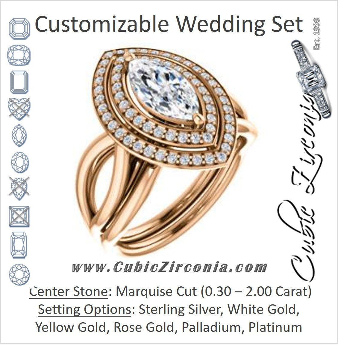 CZ Wedding Set, featuring The Magda Lesli engagement ring (Customizable Double-Halo Style Marquise Cut with Curving Split Band)