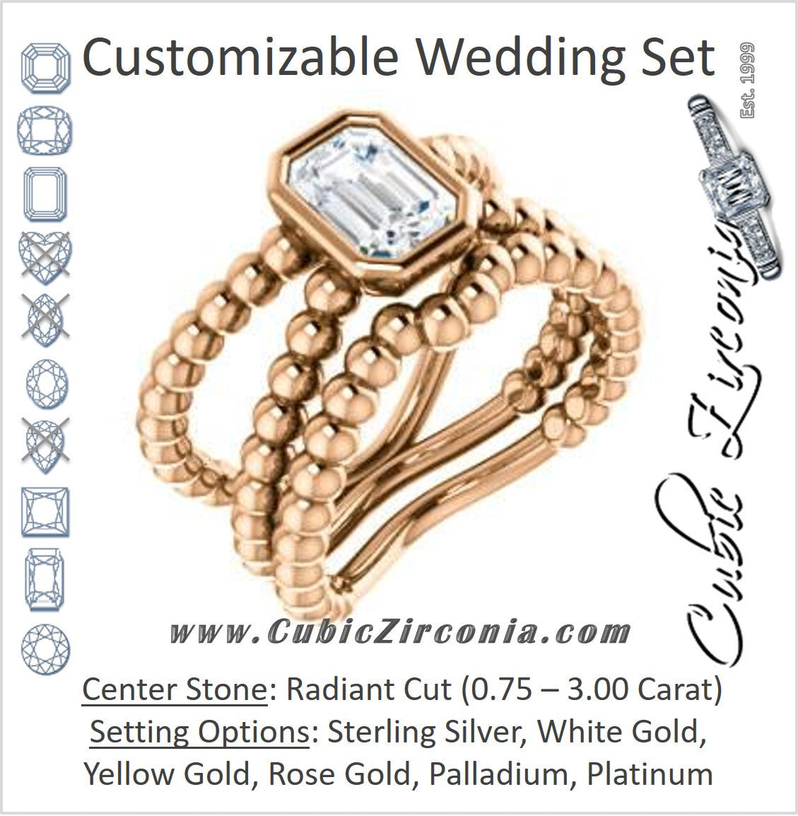 CZ Wedding Set, featuring The Maria Leeslii engagement ring (Customizable Bezel-set Radiant Cut Solitaire with Wide Beaded-Metal Split-Band)