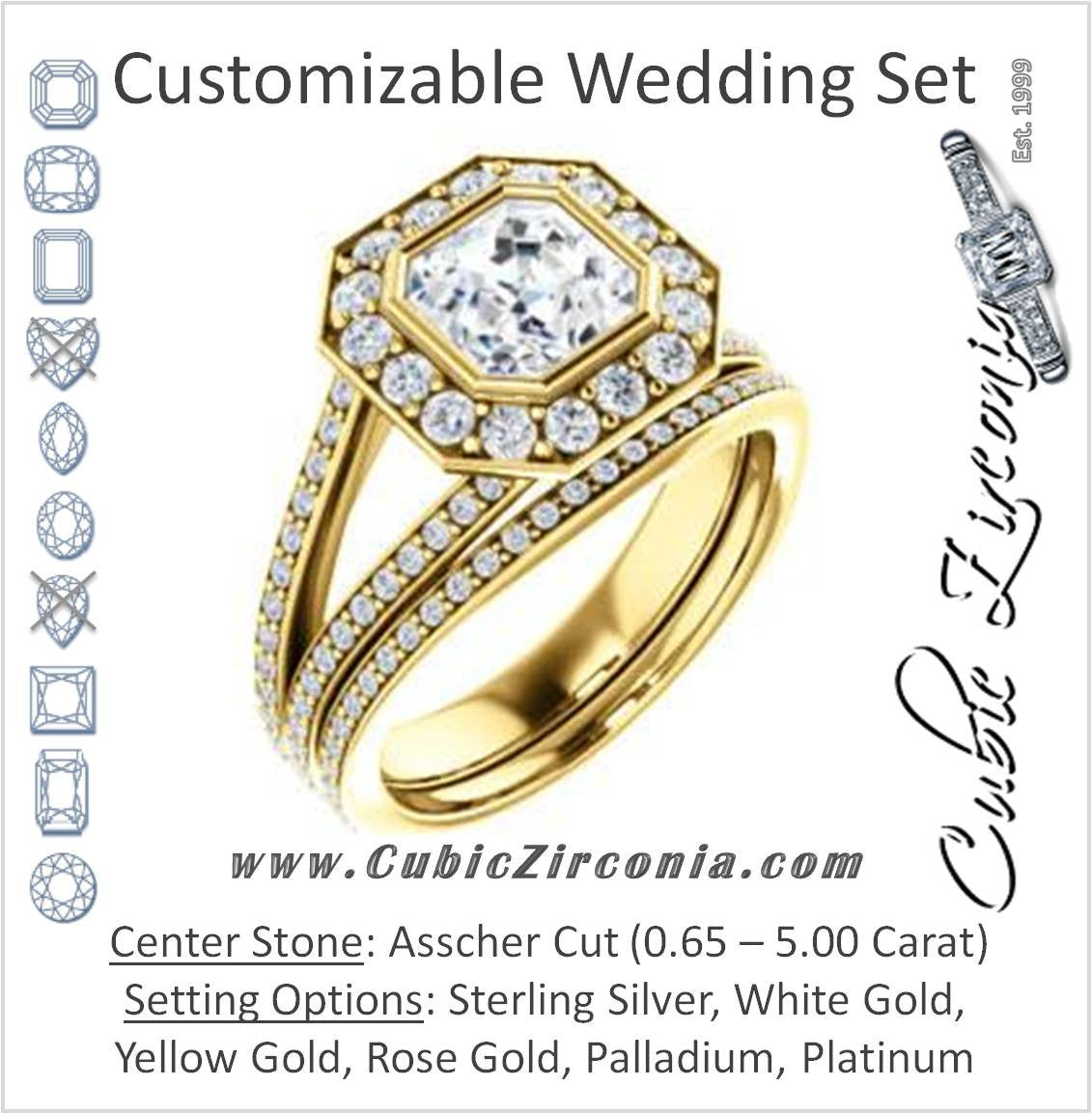 CZ Wedding Set, featuring The Maricela engagement ring (Customizable Bezel-Halo Asscher Cut Ring with Wide Tapered Pavé Split Band & Decorative Trellis)