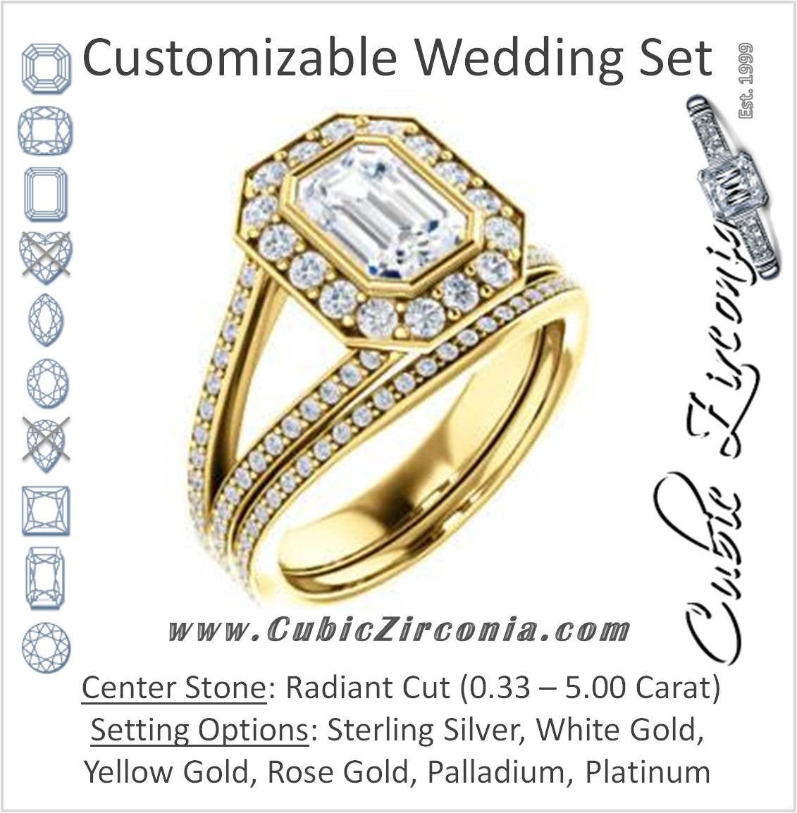 CZ Wedding Set, featuring The Maricela engagement ring (Customizable Bezel-Halo Radiant Cut Ring with Wide Tapered Pavé Split Band & Decorative Trellis)