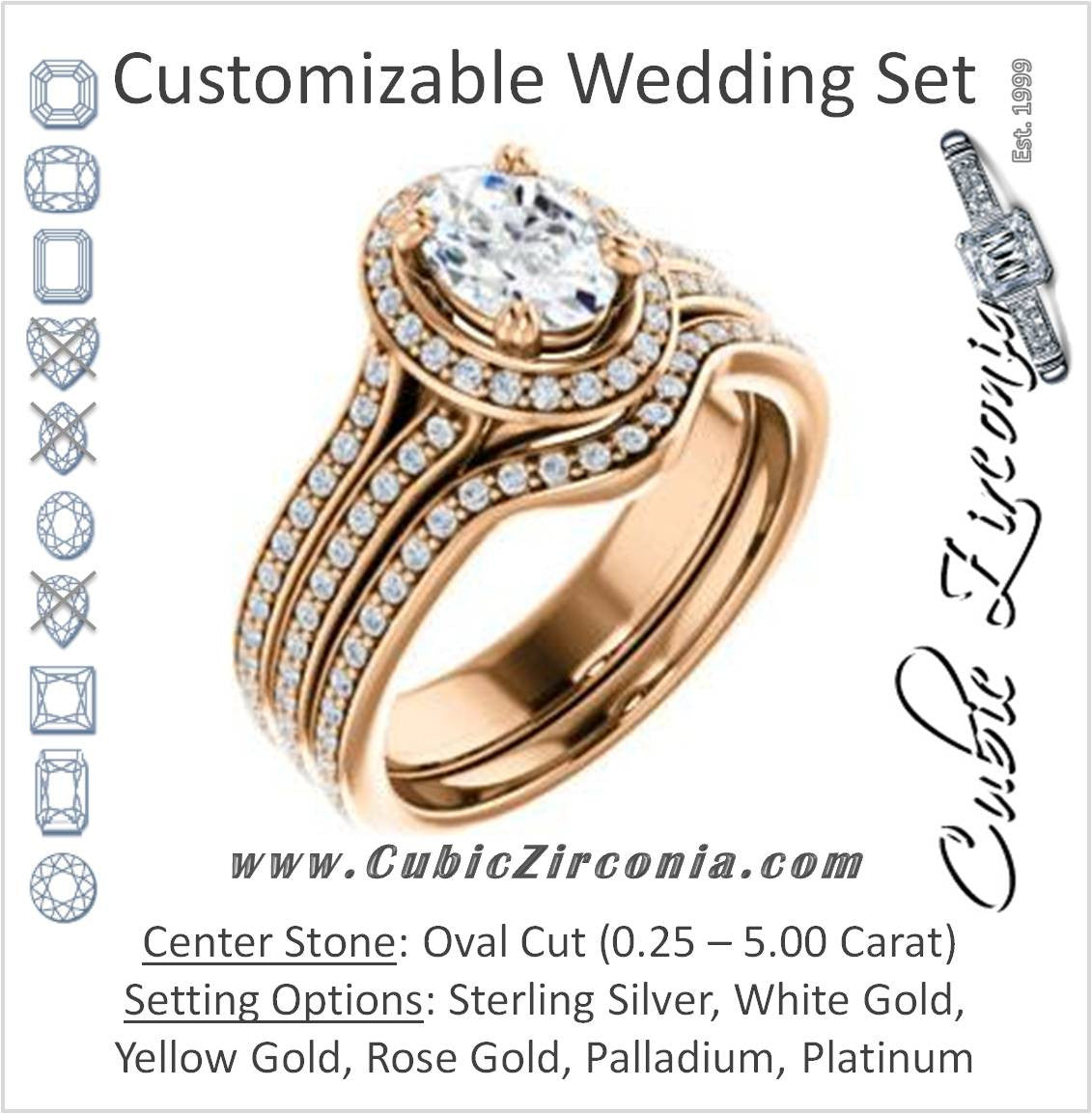 CZ Wedding Set, featuring The Mia Sofia engagement ring (Customizable Cathedral-Halo Oval Cut Style with Wide Split-Pavé Band)