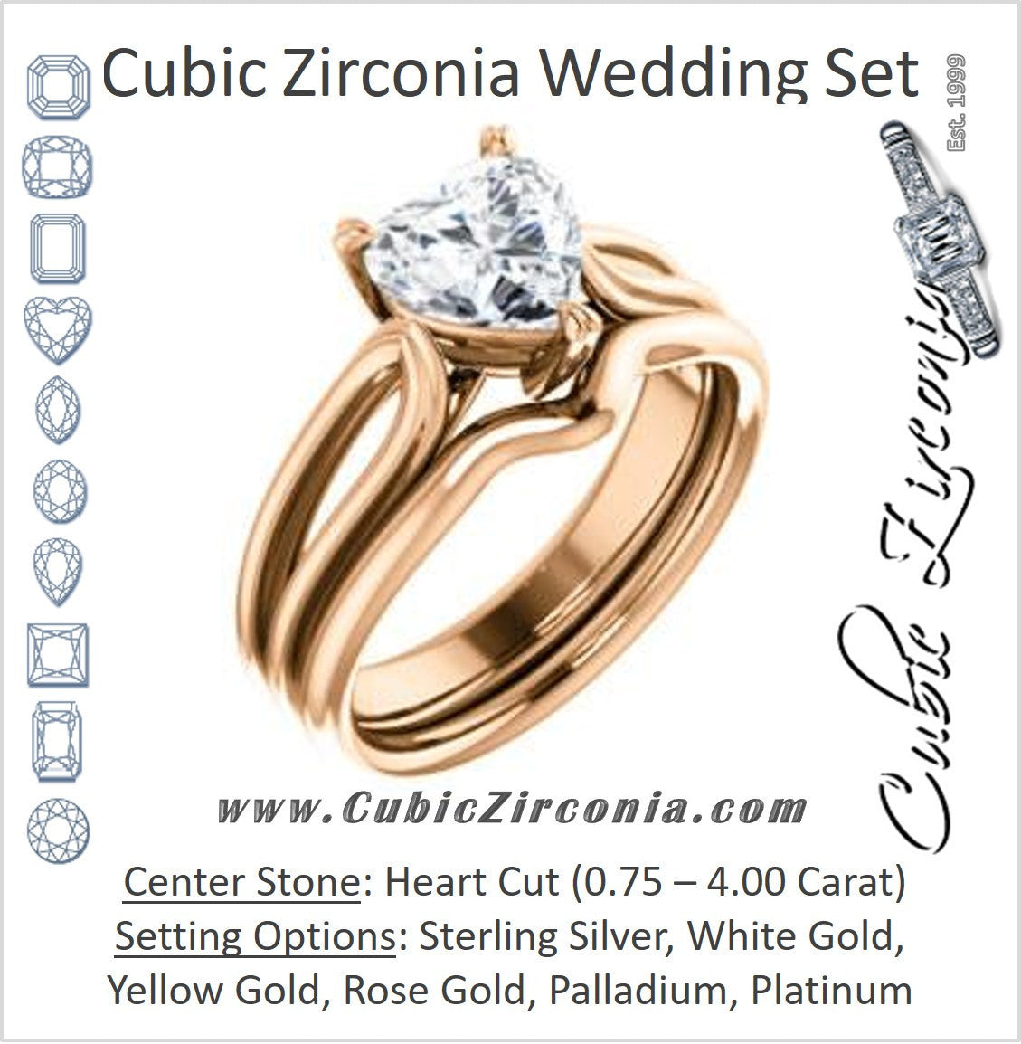 CZ Wedding Set, featuring The Piper engagement ring (Customizable Heart Cut Solitaire with Flared Split-band)
