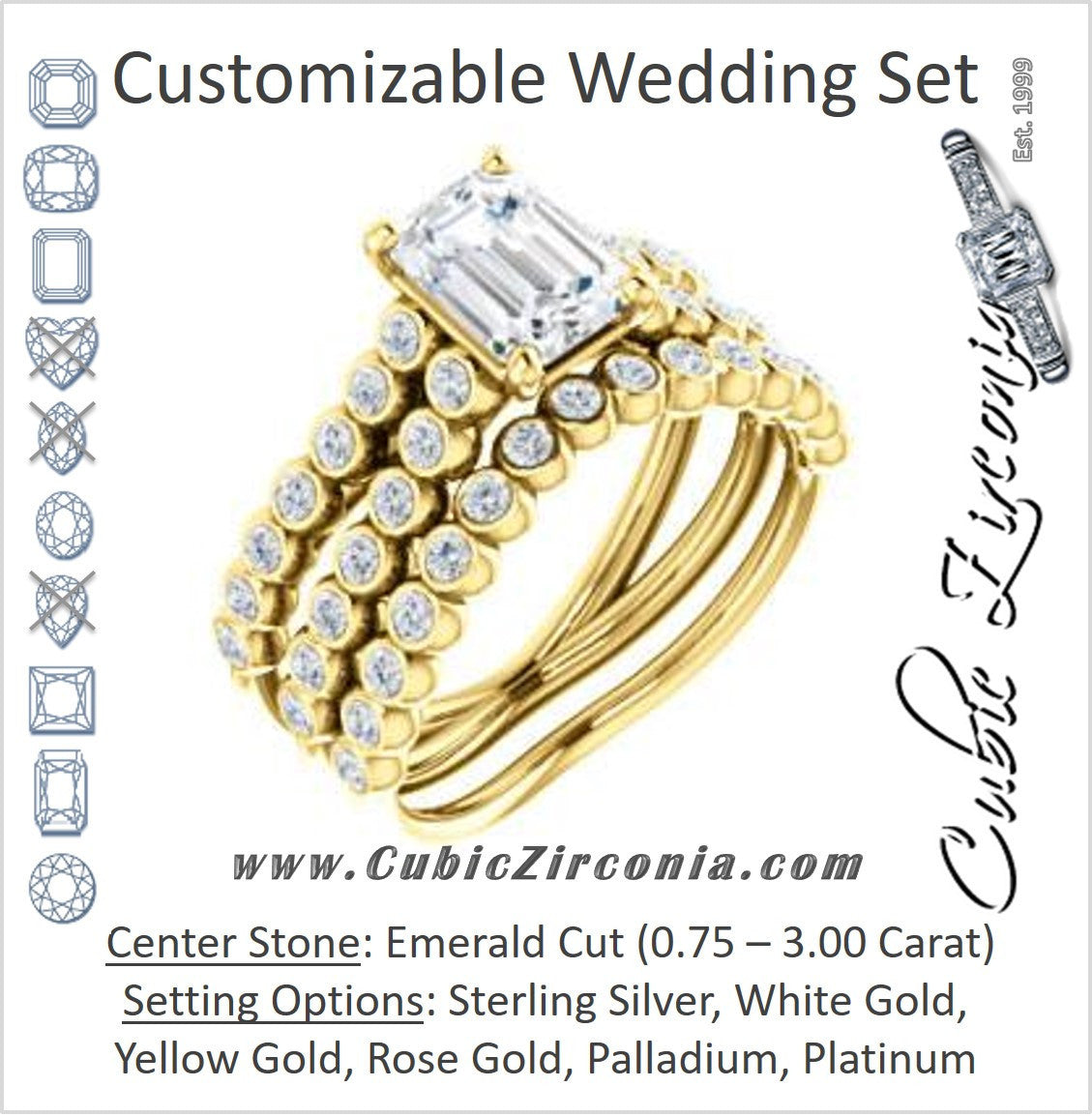 CZ Wedding Set, featuring The Roxana engagement ring (Customizable Emerald Cut Design with Beaded-Bezel Round Accents on Wide Split Band)