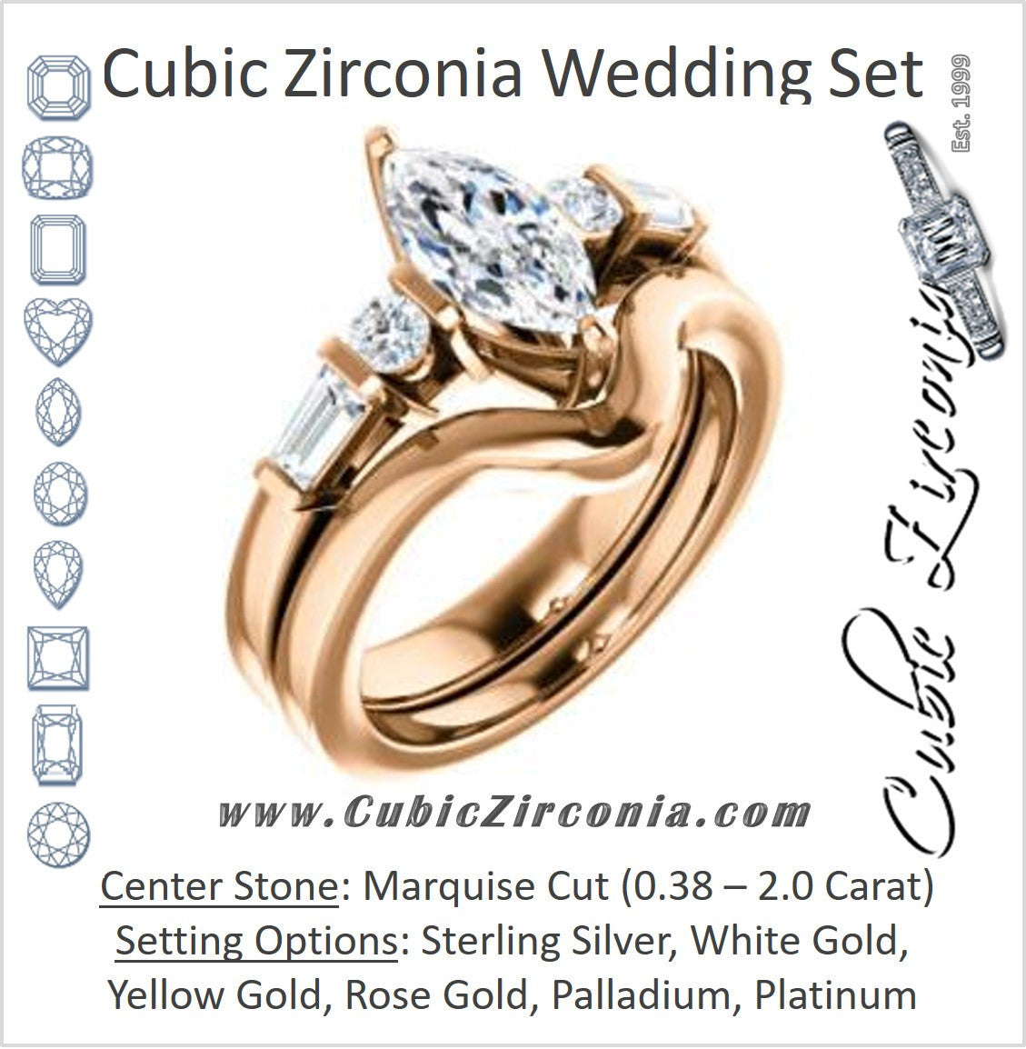 CZ Wedding Set, featuring The Sarah engagement ring (Customizable 5-stone Design with Marquise Cut Center and Baguette/Round Bar-set Accents)
