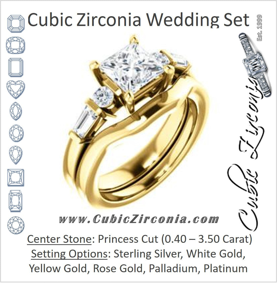 CZ Wedding Set, featuring The Sarah engagement ring (Customizable 5-stone Design with Princess Cut Center and Baguette/Round Bar-set Accents)