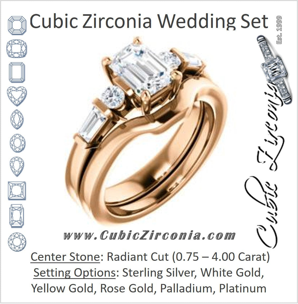 CZ Wedding Set, featuring The Sarah engagement ring (Customizable 5-stone Design with Radiant Cut Center and Baguette/Round Bar-set Accents)