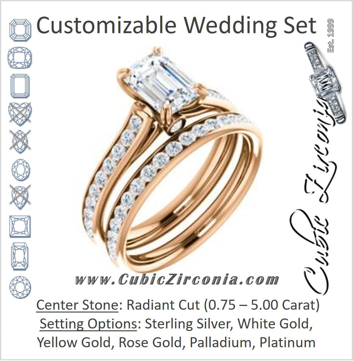CZ Wedding Set, featuring The Tabitha engagement ring (Customizable Radiant Center with Round Channel)