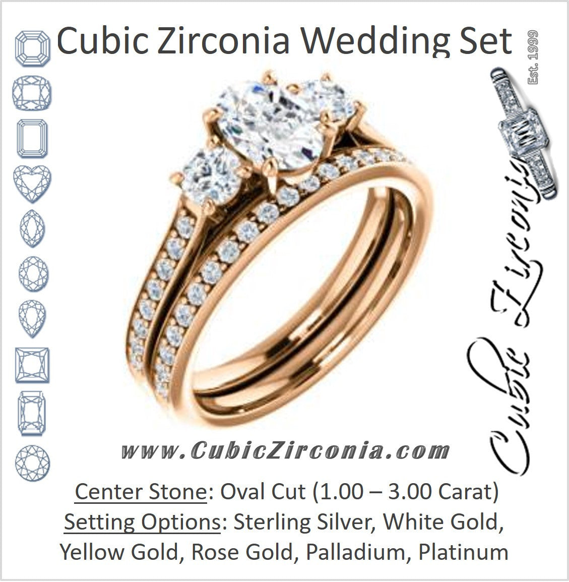 CZ Wedding Set, featuring The Tess engagement ring (Customizable Oval Cut Trellis-Enhanced Bridge Setting with Semi-Pavé Band)