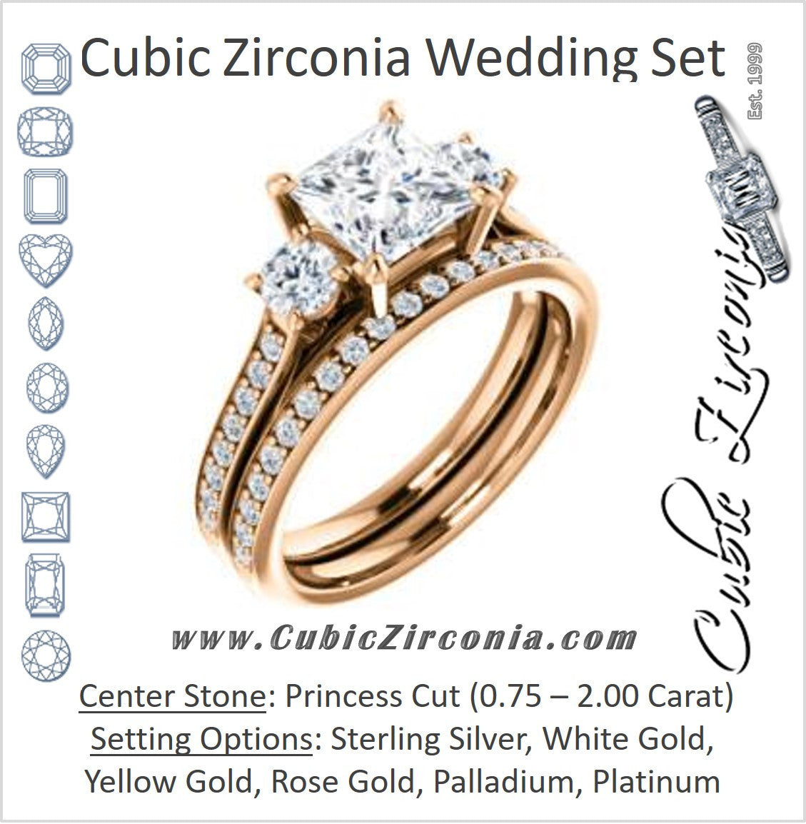 CZ Wedding Set, featuring The Tess engagement ring (Customizable Princess Cut Trellis-Enhanced Bridge Setting with Semi-Pavé Band)