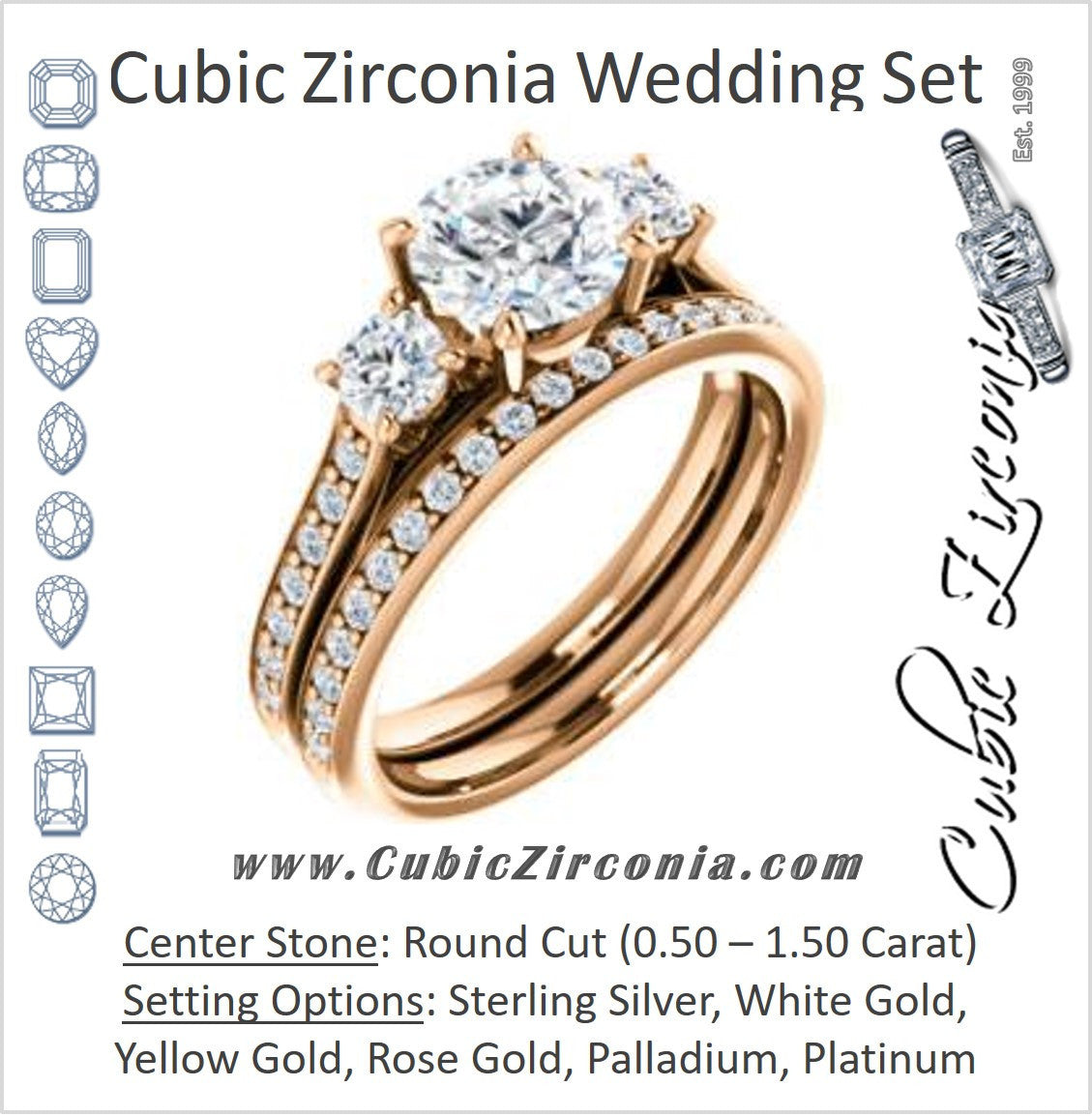 CZ Wedding Set, featuring The Tess engagement ring (Customizable Round Cut Trellis-Enhanced Bridge Setting with Semi-Pavé Band)