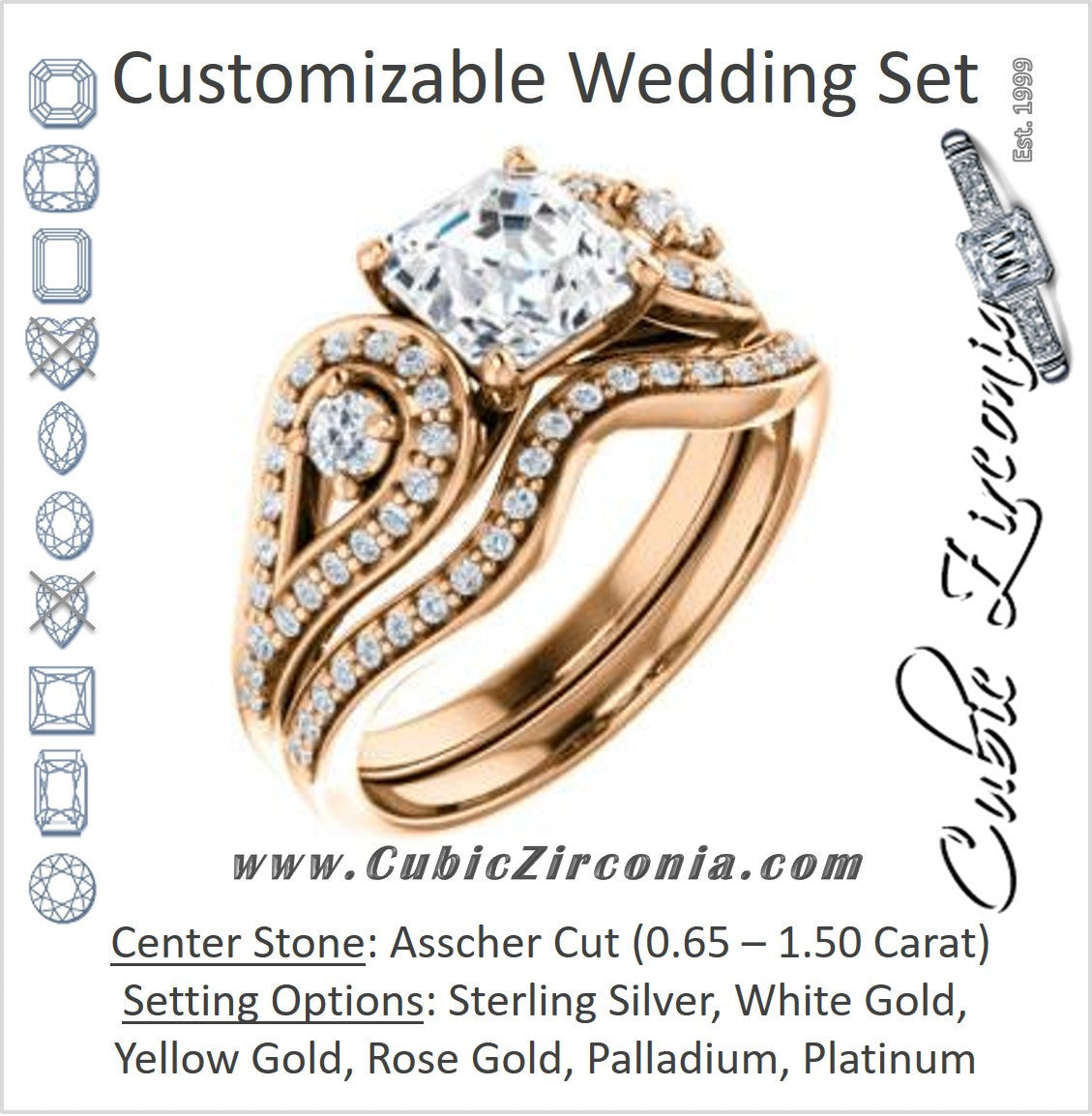 CZ Wedding Set, featuring The Tonya Laverne engagement ring (Customizable Asscher Cut Design with Winged Split-Pavé Band)
