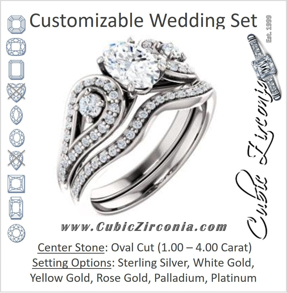 CZ Wedding Set, featuring The Tonya Laverne engagement ring (Customizable Oval Cut Design with Winged Split-Pavé Band)