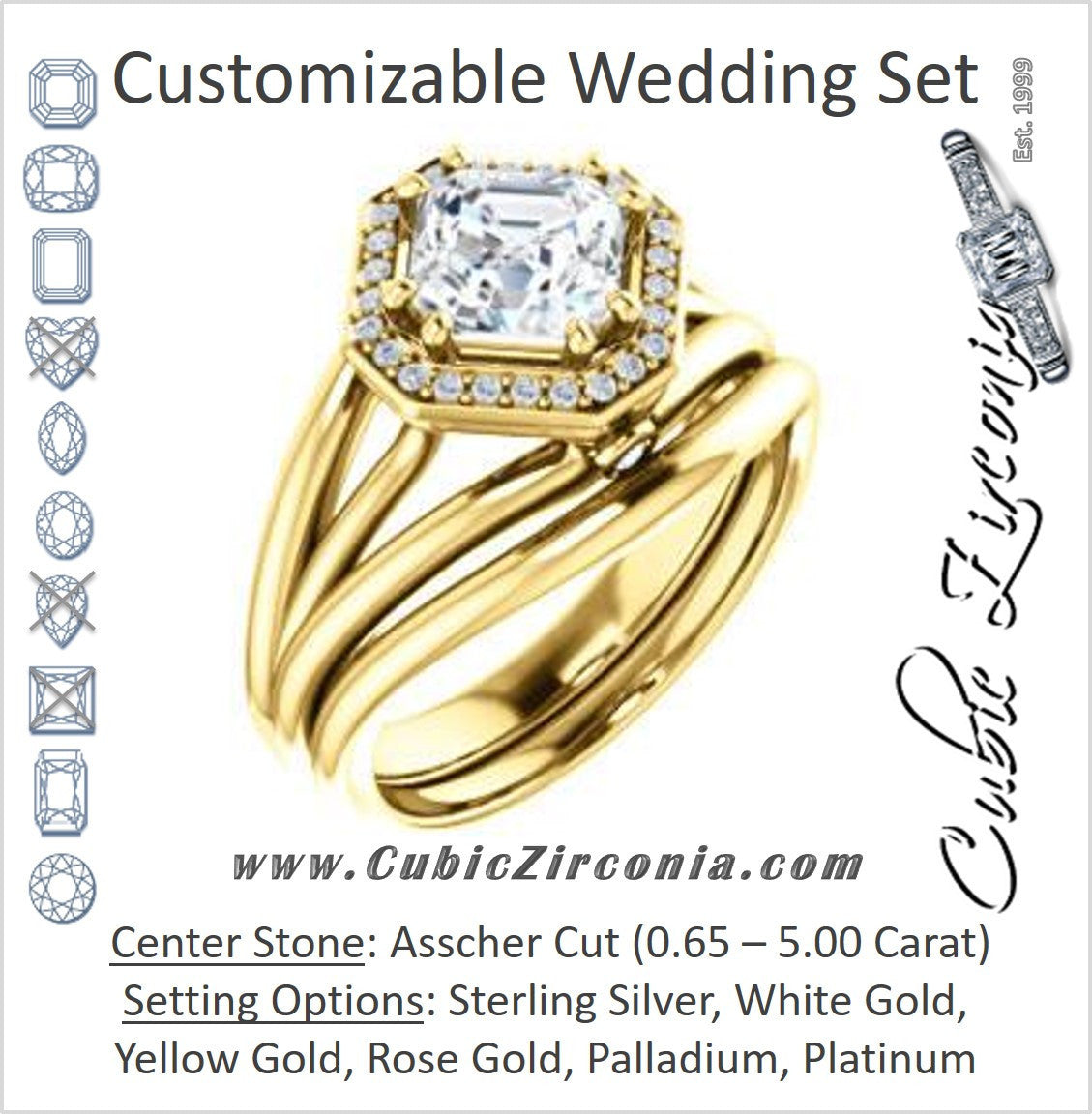 CZ Wedding Set, featuring The Wanda Lea engagement ring (Customizable Asscher Cut Halo-style with Ultrawide Tri-split Band & Peekaboo Accents)