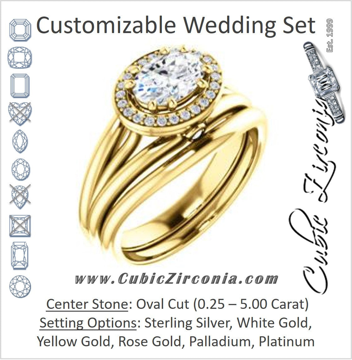 CZ Wedding Set, featuring The Wanda Lea engagement ring (Customizable Oval Cut Halo-style with Ultrawide Tri-split Band & Peekaboo Accents)