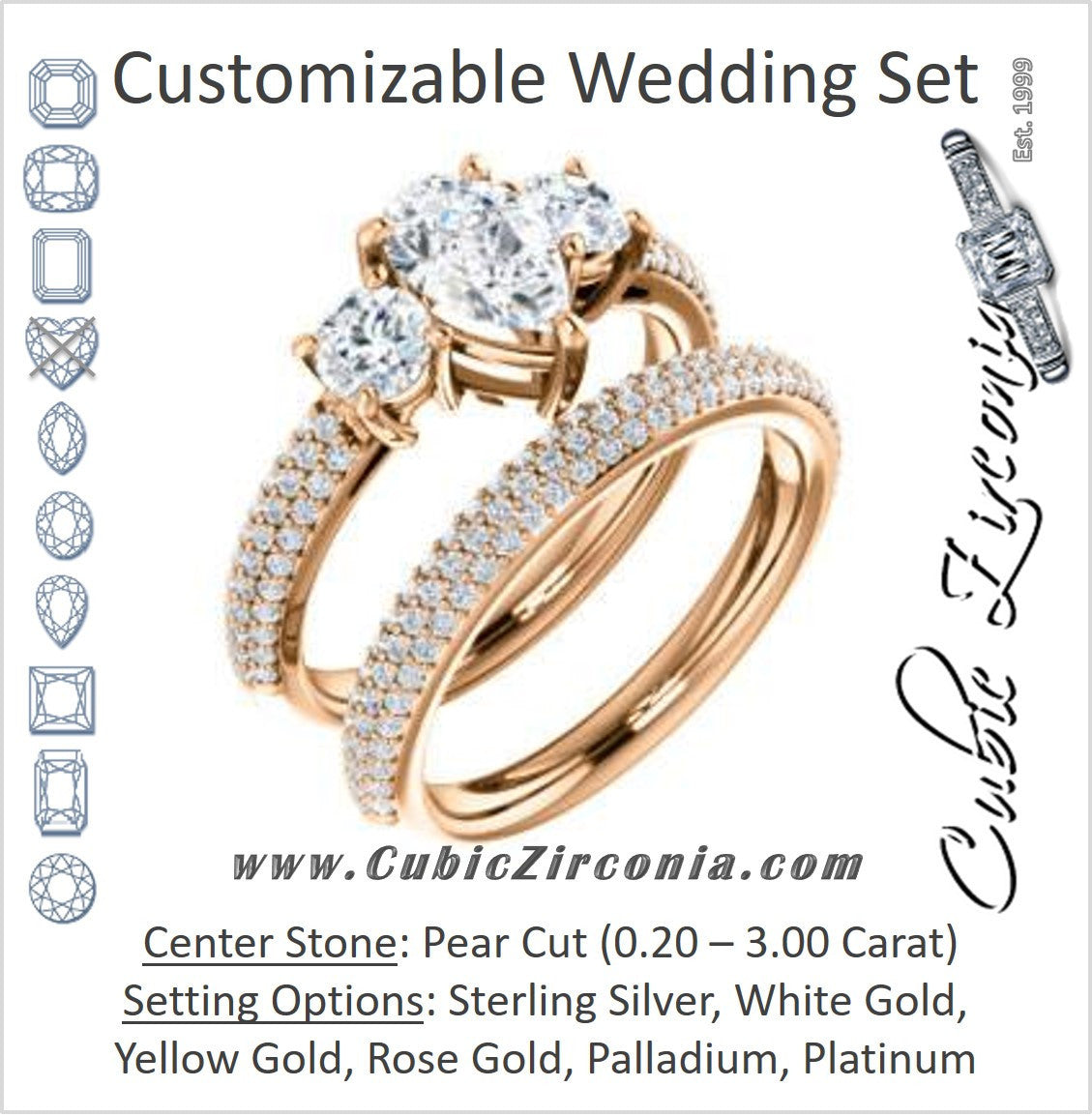 CZ Wedding Set, featuring The Zuleyma engagement ring (Customizable Enhanced 3-stone Pear Cut Design with Triple Pavé Band)