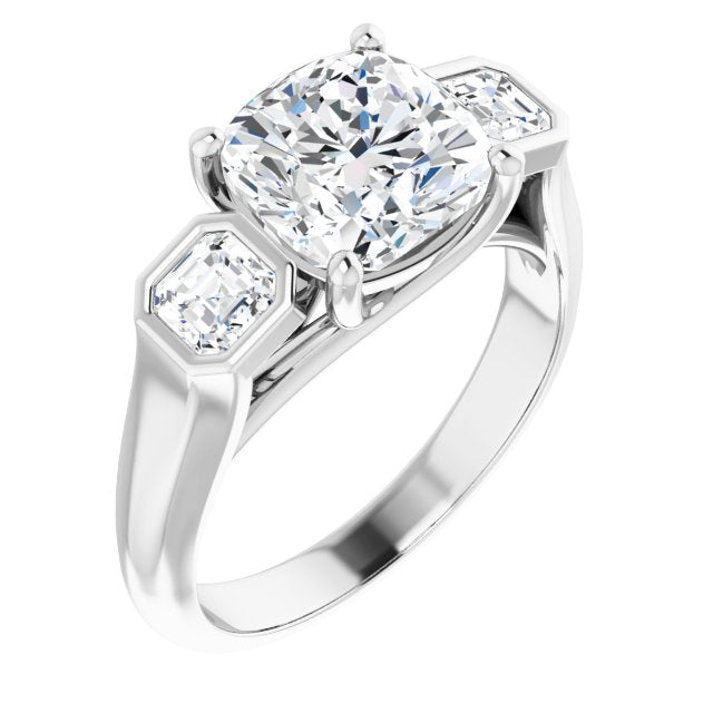 10K White Gold Customizable 3-stone Cathedral Cushion Cut Design with Twin Asscher Cut Side Stones