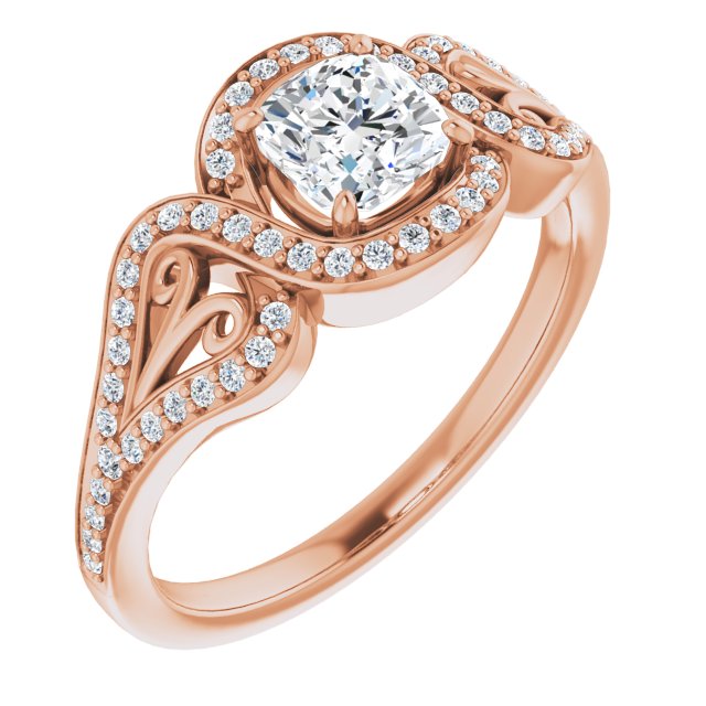 10K Rose Gold Customizable Cushion Cut Design with Bypass Halo and Split-Shared Prong Band
