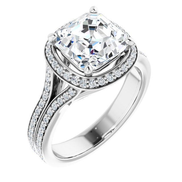10K White Gold Customizable Cathedral-raised Asscher Cut Setting with Halo and Shared Prong Band