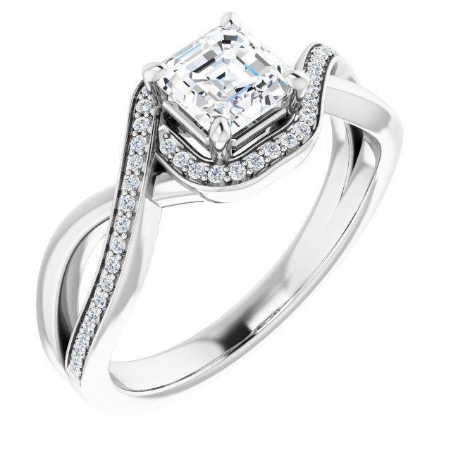 10K White Gold Customizable Bypass-Halo-Accented Asscher Cut Center with Twisting Split Shared Prong Band
