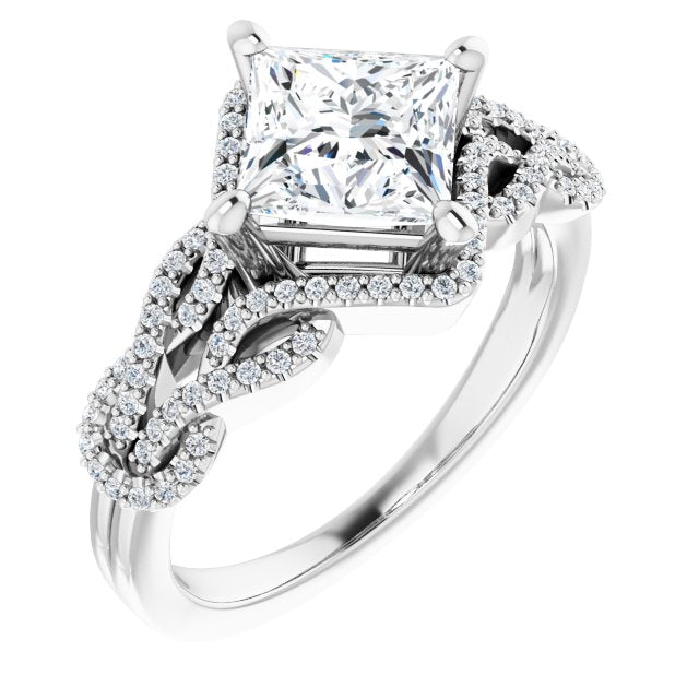 10K White Gold Customizable Princess/Square Cut Design with Intricate Over-Under-Around Pavé Accented Band