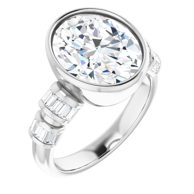 10K White Gold Customizable Bezel-set Oval Cut Design with Quad Horizontal Band Sleeves of Baguette Accents