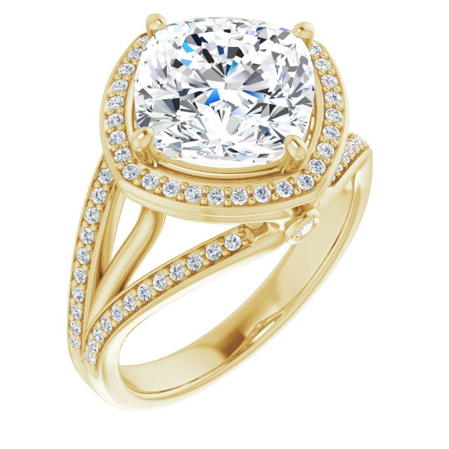 10K Yellow Gold Customizable High-set Cushion Cut Design with Halo, Wide Tri-Split Shared Prong Band and Round Bezel Peekaboo Accents