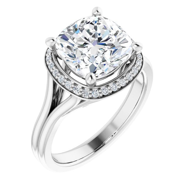10K White Gold Customizable Cathedral-set Cushion Cut Design with Split-band & Halo Accents