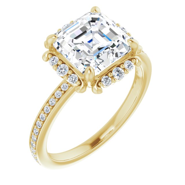 10K Yellow Gold Customizable Asscher Cut Style with Halo and Thin Shared Prong Band
