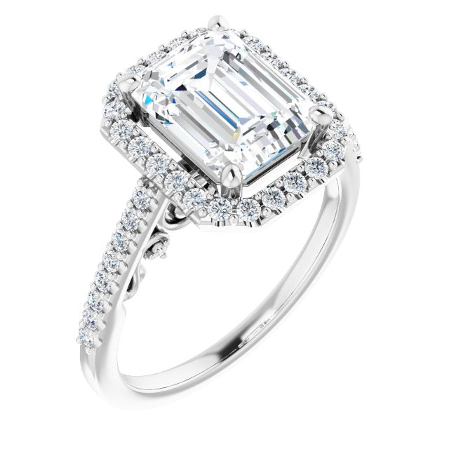 10K White Gold Customizable Cathedral-Halo Emerald/Radiant Cut Design with Carved Metal Accent plus Pavé Band