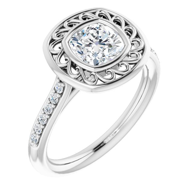 10K White Gold Customizable Cathedral-Bezel Cushion Cut Design with Floral Filigree and Thin Shared Prong Band