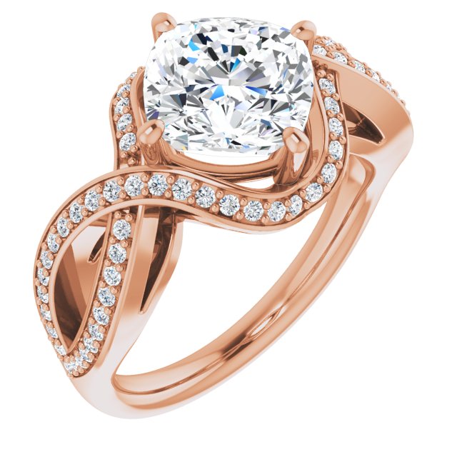 10K Rose Gold Customizable Cushion Cut Design with Twisting, Infinity-Shared Prong Split Band and Bypass Semi-Halo