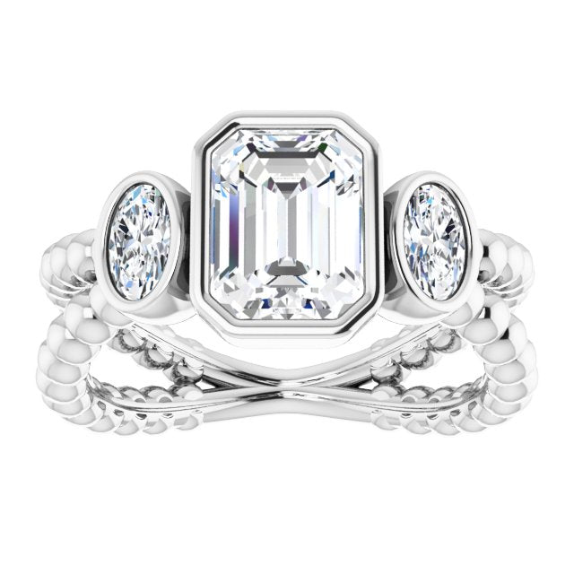 Cubic Zirconia Engagement Ring- The a'Malisa (Customizable 3-stone Radiant Cut Design with 2 Oval Cut Side Stones and Wide, Bubble-Bead Split-Band)