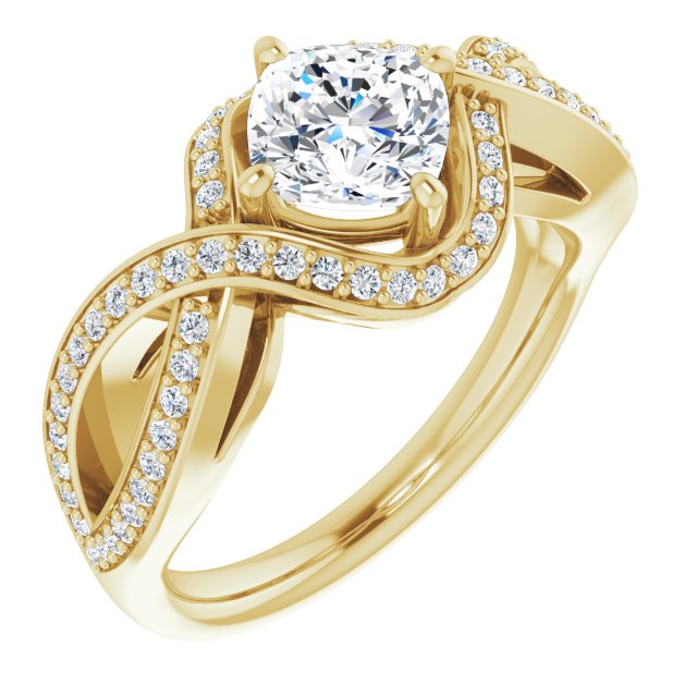 10K Yellow Gold Customizable Cushion Cut Design with Twisting, Infinity-Shared Prong Split Band and Bypass Semi-Halo