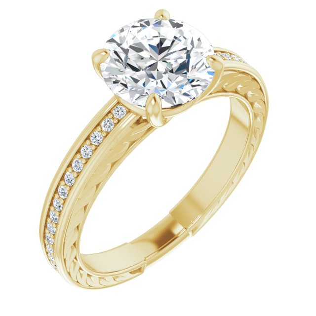 18K Yellow Gold Customizable Round Cut Design with Rope-Filigree Hammered Inlay & Round Channel Accents