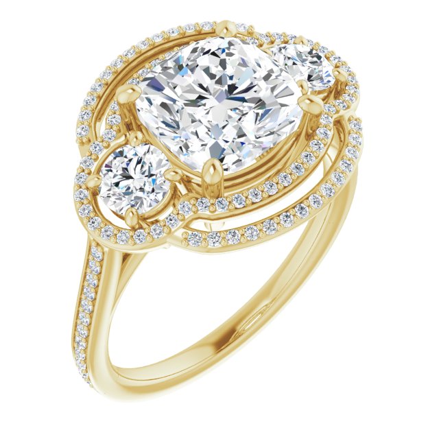 10K Yellow Gold Customizable Enhanced 3-stone Double-Halo Style with Cushion Cut Center and Thin Band