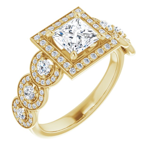 10K Yellow Gold Customizable Cathedral-set Princess/Square Cut 7-stone style Enhanced with 7 Halos