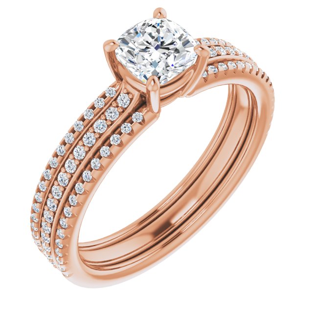 10K Rose Gold Customizable Cushion Cut Center with Wide Pavé Accented Band