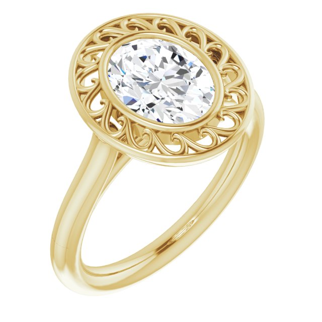 10K Yellow Gold Customizable Cathedral-Bezel Style Oval Cut Solitaire with Flowery Filigree