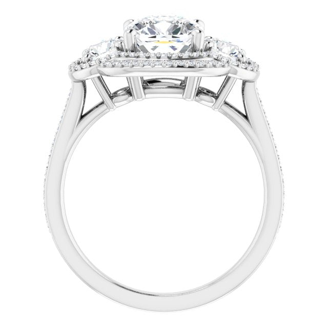 Cubic Zirconia Engagement Ring- The e'Mariana (Customizable Enhanced 3-stone Double-Halo Style with Cushion Cut Center and Thin Band)