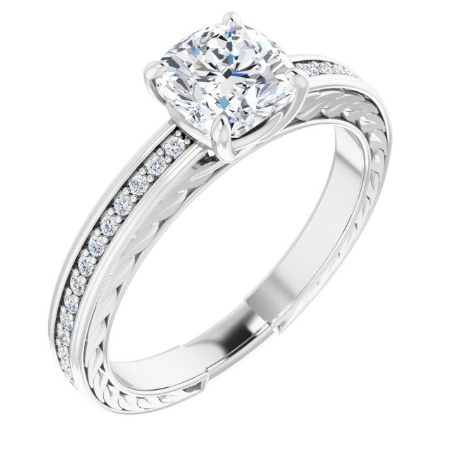10K White Gold Customizable Cushion Cut Design with Rope-Filigree Hammered Inlay & Round Channel Accents