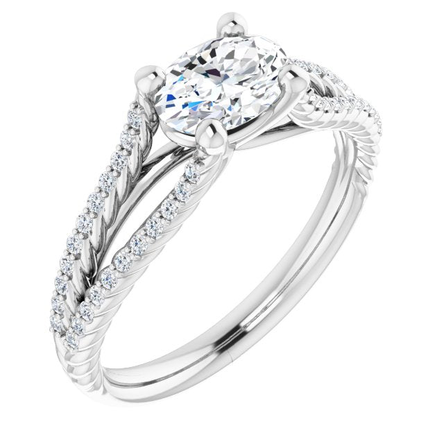 10K White Gold Customizable Oval Cut Style with Split Band and Rope-Pavé