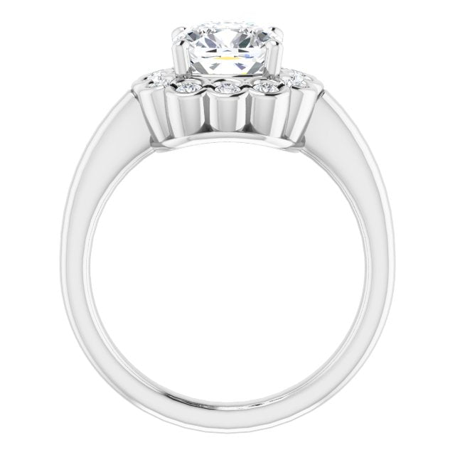 Cubic Zirconia Engagement Ring- The Aabha (Customizable 13-stone Cushion Cut Design with Floral-Halo Round Bezel Accents)