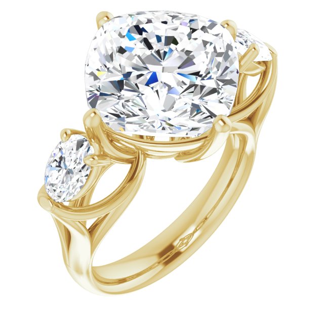10K Yellow Gold Customizable Cathedral-set 3-stone Cushion Cut Style with Dual Oval Cut Accents & Wide Split Band