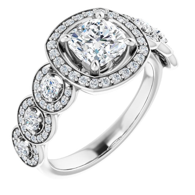 10K White Gold Customizable Cathedral-set Cushion Cut 7-stone style Enhanced with 7 Halos