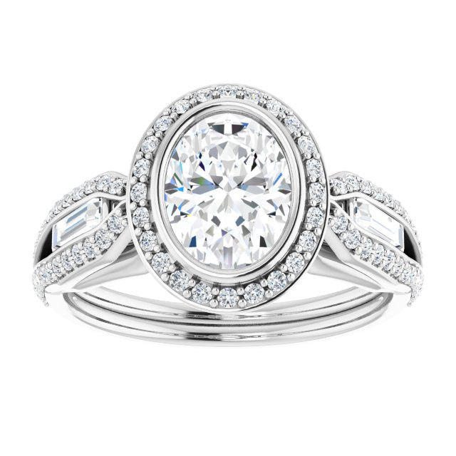 Cubic Zirconia Engagement Ring- The Alekhya (Customizable Cathedral-Bezel Oval Cut Design with Halo, Split-Pavé Band & Channel Baguettes)