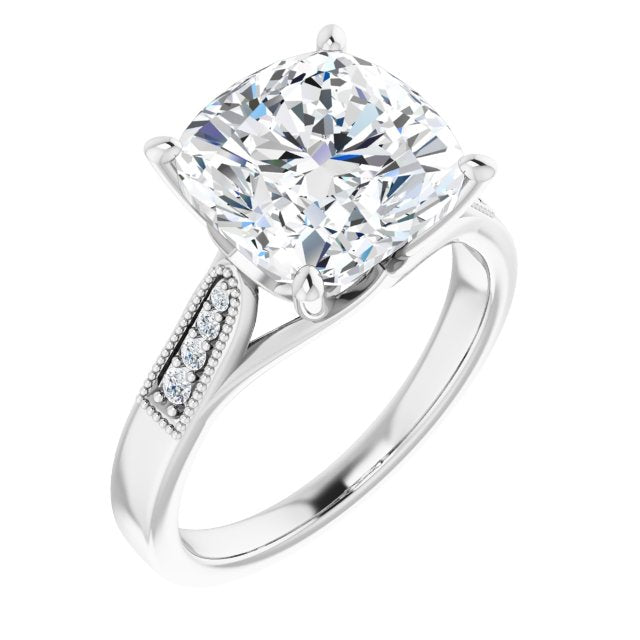 10K White Gold Customizable 9-stone Vintage Design with Cushion Cut Center and Round Band Accents