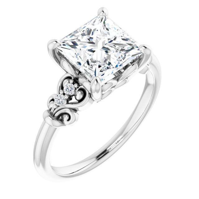 Cubic Zirconia Engagement Ring- The Amice (Customizable Vintage 5-stone Design with Princess/Square Cut Center and Artistic Band Décor)