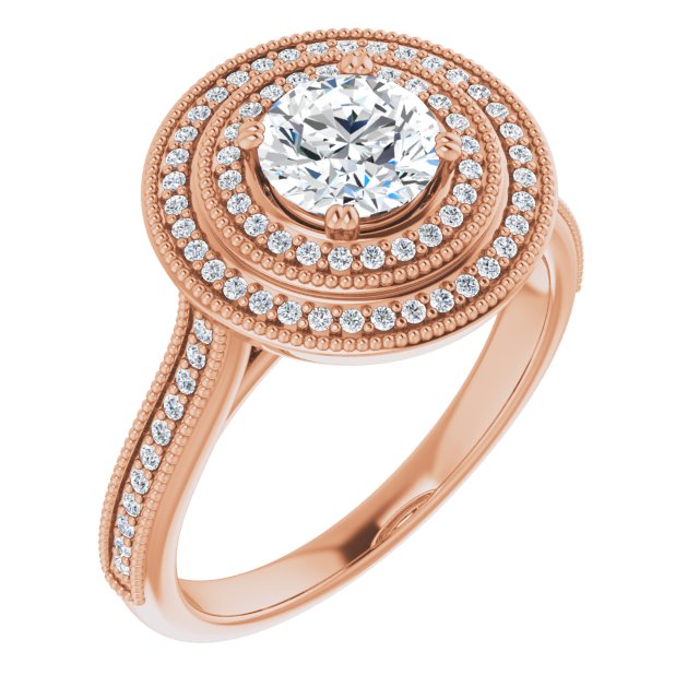 10K Rose Gold Customizable Round Cut Design with Elegant Double Halo, Houndstooth Milgrain and Band-Channel Accents